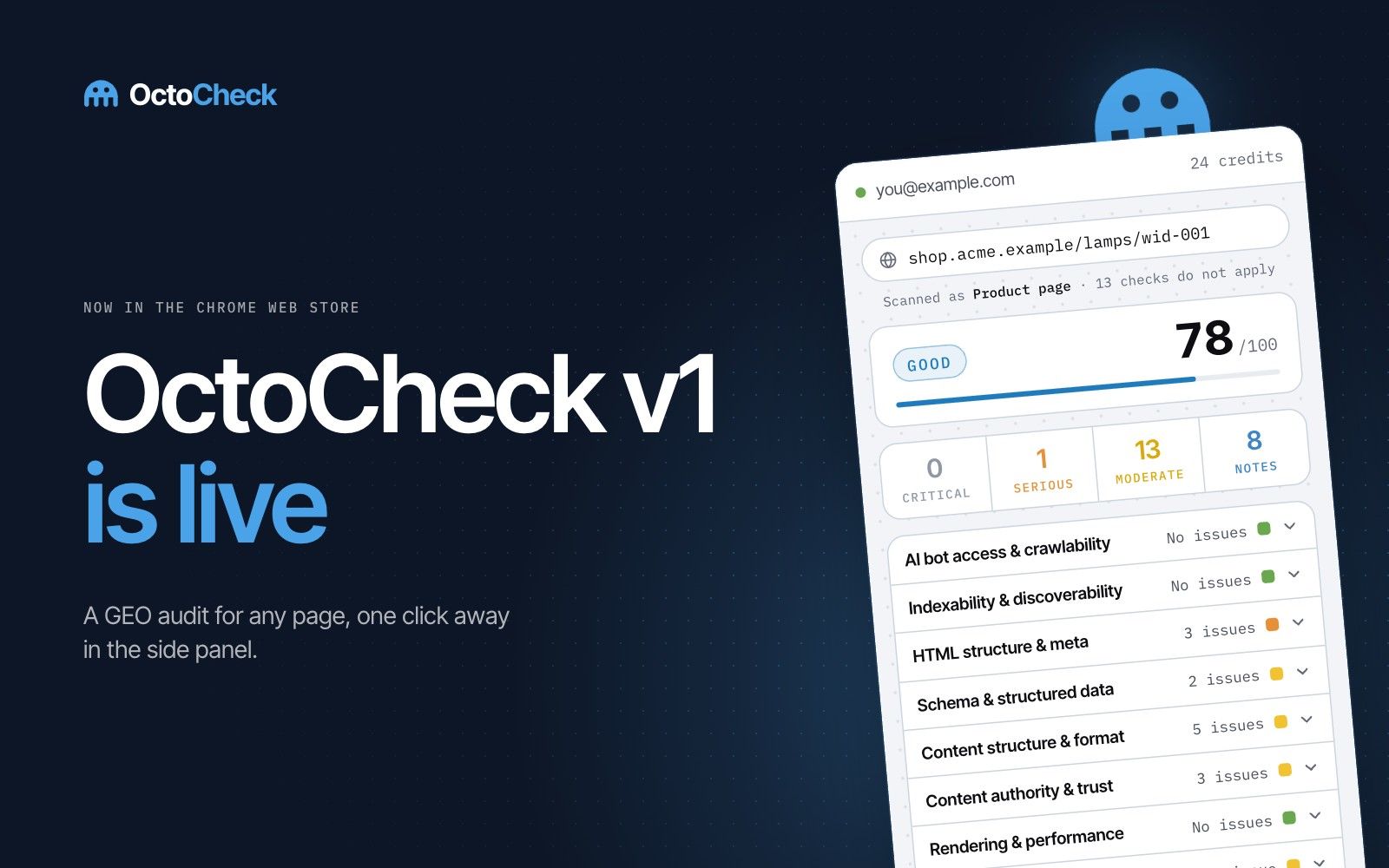 OctoCheck v1 is live: the extension side panel with an audit score and findings